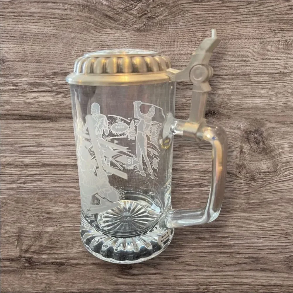 Vintage German Crystal Glass Beer Stein w/ Pewter Lid Set of 2